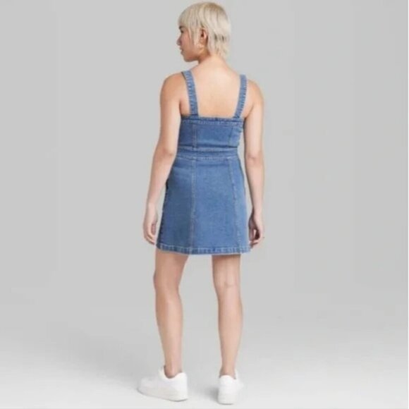 Wild Fable Denim Mini Pinafore Medium Wash Patchwork Dress XS - Picture 3 of 3